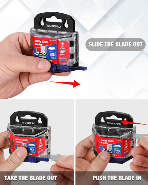 50 Pack Utility Knife Blades With Dispenser, slide-out feature demonstration, SK5 steel, easy access and refill