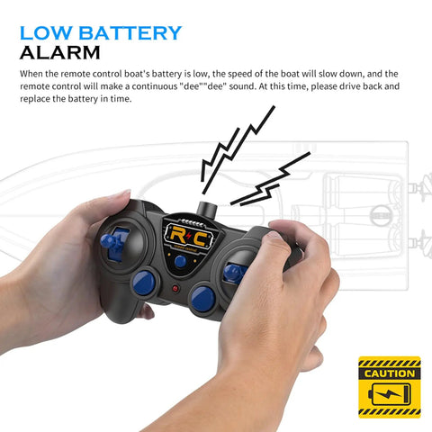 Hands holding a 2.4GHz remote with low battery alert feature for RC Boat With LED Light Modes, 2.4GHz Remote Control.