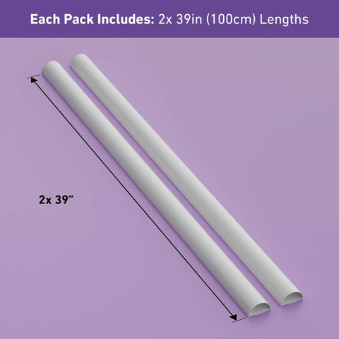 Half Round Cord Hider Cable Cover Peel And Stick Adhesive Two Pack White Paintable 39 Inch Long Pieces on purple background