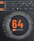 64 high-grade screwdriver bits in a circular layout for use with the Straight Up Dependable Cordless Electric Screwdriver Boasting Intuitive Torque Gauging.