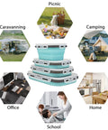 8 Piece Silicone Collapsible Food Storage Bowls With Lids For Camping And RV Trips On The Go Space Saving stacked with use icons