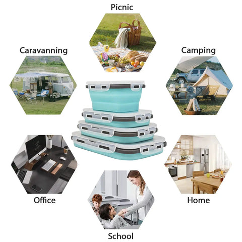 8 Piece Silicone Collapsible Food Storage Bowls With Lids For Camping And RV Trips On The Go Space Saving stacked with use icons
