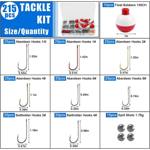 All In One Beginner Fishing Tackle Kit With 215 Pieces In An Organized Tackle Box, Includes Hooks, Bobbers, Sinker Weights Display