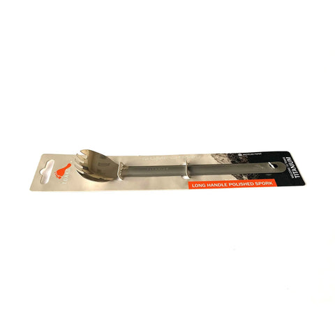 Packaging of Ultra Lightweight Titanium Long Handle Spork with Polished Bowl for camping and hiking, matte finish visible