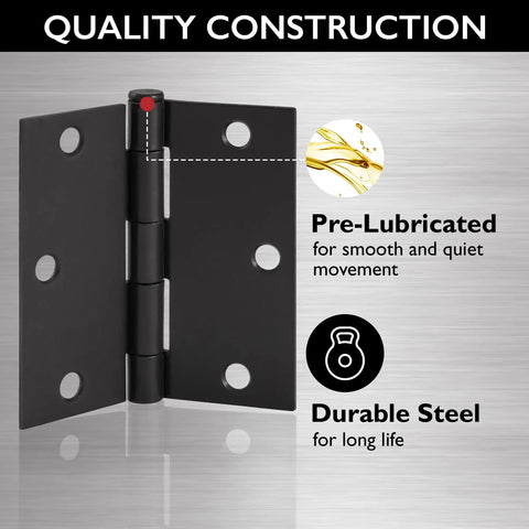 Ten-Pack 3.5-Inch Interior Door Hinges With Square Corners Matte Black Heavy Duty Steel Construction illustration