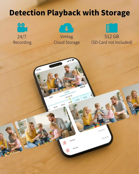 Smartphone displaying detection playback with storage features of No Sweat Setup 4Mp Indoor Security Camera With Solid HD Video.