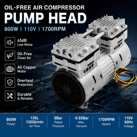 Powerful 800W Oil-Free Air Compressor Pump Head At 110V Featuring All-Copper Motor For Quiet, Zero Pollution Operation And Stable High-Efficiency Performance Perfect For Portable Projects