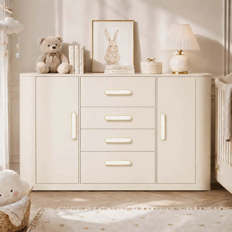 4 Pack Gold Cabinet Pulls With Pearl Inlay And Brushed Brass Base on cream dresser, solid zinc alloy drawer handles.