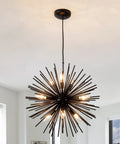 Modern Black Sputnik Chandelier 9 Light Pendant Ceiling Fixture With Starburst Firework Design in a bright room