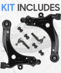 Front lower control arms with ball joints and outer tie rods; black metal suspension kit components