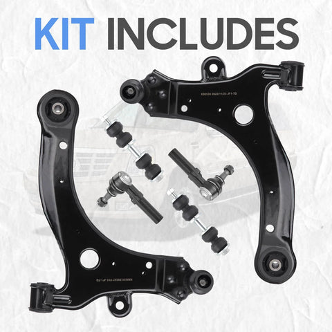 Front lower control arms with ball joints and outer tie rods; black metal suspension kit components