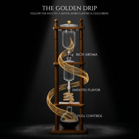 720 Milliliter Cold Brew Coffee Tower With Adjustable Valve Makes Five To Seven Cups, featuring borosilicate glass and wood design.