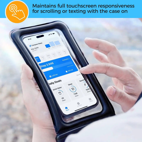 Floating Waterproof Phone Pouch IPX8 for up to seven inch screens showing touchscreen use