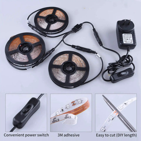Lit 50 Foot Black Light Strip Kit With 900 LEDs 12V Flexible Lighting For Dark Parties Stage Effects Halloween And Body Paint Safe UL Adapter Easy Install with adhesive backing and convenient switch display