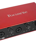 Scarlett 4i4 3rd Gen USB Audio Interface front view with knobs and inputs for recording songwriting and streaming.