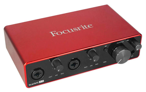 Scarlett 4i4 3rd Gen USB Audio Interface front view with knobs and inputs for recording songwriting and streaming.
