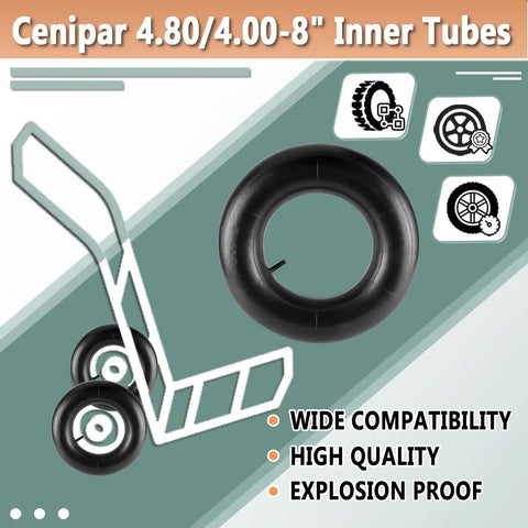 Image showing Cenipar 4.80/4.00-8 inch tire inner tubes for carts with focus on wide compatibility and explosion-proof features.