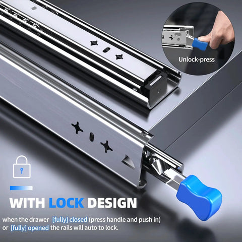 Beefy Heavy Duty Locking Drawer Slides Set For Cabinets RVs Tool Boxes And Trash Cans With Auto Lock Dual Side Unlocking Handles Full Extension Ball Bearing Rails 14 To 40 Inch 260 Lb Capacity Compatible Rails, steel lock handle close-up