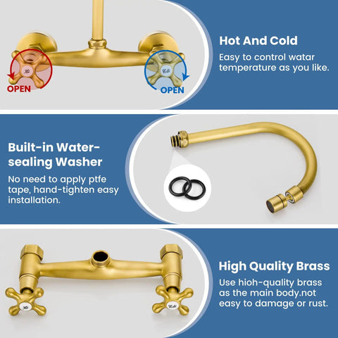 Wall Mount Kitchen Faucet With Sprayer, 360 Degree Swivel Spout, Double Cross Handles, 8 Inch Center, Antique Brass Commercial Mixer Tap, Solid Brass Construction, 1.8 GPM, showcasing hot and cold control, built-in water-sealing washer, and high-quality brass.