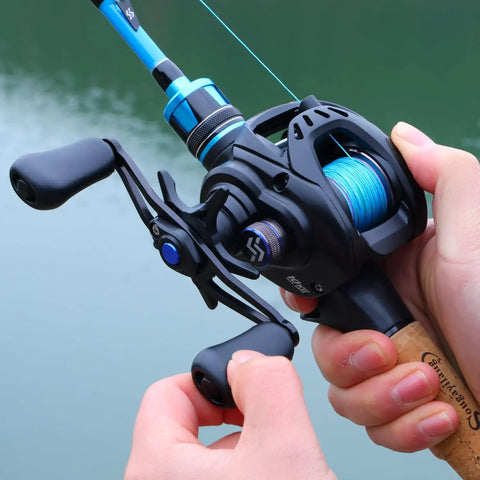 Person holding Digital Anti Backlash Baitcasting Reel No Fuss Casting With Smart Braking System Seven Point Two To One Gear Ratio