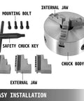 4 Inch Self Centering Lathe Chuck With Three Jaws And Two Sets Of Jaws For Grinding And Milling Machines, components displayed