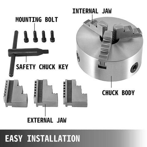 4 Inch Self Centering Lathe Chuck With Three Jaws And Two Sets Of Jaws For Grinding And Milling Machines, components displayed