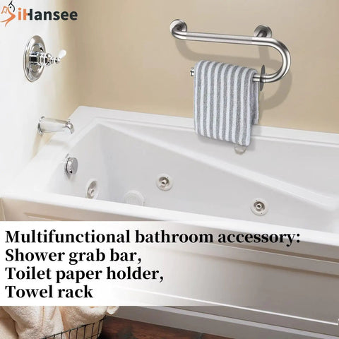 Built Tough 16 Inch Toilet Grab Bar Featuring Hefty Knurled Grip And Convenient Towel Hook For Senior Bathroom Safety And Dependable Standing Support Rust Resistant Stainless Steel Handrail with towel.