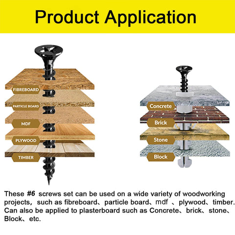 Wood Screw Set With Phillips Flat Head Self Tapping Screws, Size 6 applications on wood and concrete surfaces