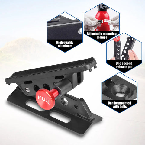 Rugged Aluminum Fire Extinguisher Mount Bracket Kit With Quick Release for Jeep Wrangler shown with pull release pin