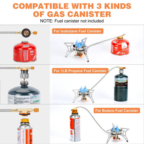 Powerful 6800W Windproof Camping Stove for backcountry cooking with canister adapters shown for isobutane, propane, butane