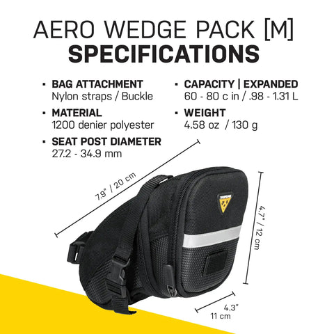 Aero Wedge Saddle Pack With Quick Clip Strap Mount For Bikes, Medium, Black, Weatherproof 1200 Denier Cordura With Dupont Coating