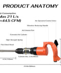 Diagram of Demolition Air Hammer For Concrete And Rock Breaking With 10J Per Minute Impact Energy And 32Hz Rate features labeled.