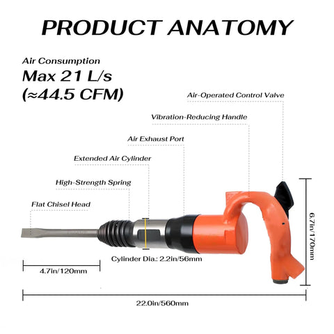 Diagram of Demolition Air Hammer For Concrete And Rock Breaking With 10J Per Minute Impact Energy And 32Hz Rate features labeled.