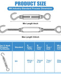 Diagram of M4 Eye and Hook Turnbuckle from 16 Piece Beefy Stainless Steel Turnbuckle Hook And Eye Kit M6 M5 M4 Heavy Duty Cable Tension Hardware For Cables And Wire Rope Sun Shade Railing Sail Hanging DIY String Lights And Tents showing dimensions and load capacity.