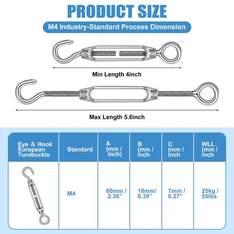 Diagram of M4 Eye and Hook Turnbuckle from 16 Piece Beefy Stainless Steel Turnbuckle Hook And Eye Kit M6 M5 M4 Heavy Duty Cable Tension Hardware For Cables And Wire Rope Sun Shade Railing Sail Hanging DIY String Lights And Tents showing dimensions and load capacity.