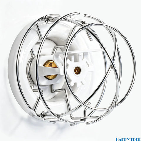 Close-up of No Fluff Two Pack White Fire Sprinkler Trim Rings with solid chrome wire guard, designed for ceiling integration.