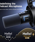 Pro Studio Dynamic USB XLR Podcast Microphone For Vocal Recording Content Creation And Voiceover With Pro Grade 192kHz 24bit Quality Noise Reduction Mic Gain Monitoring And Mute with display highlighting sound quality.