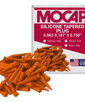 Orange Silicone Tapered Hole Plugs Pack of 50 Nonstick Rubber Seals for Small Round Holes shown with packaging