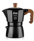 Stovetop Espresso Maker With Double Valve Tech Italian Moka Pot Brewed Fresh On Gas Or Electric Stove Top. Black aluminum with wood handle.