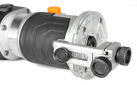 Powerful Six Amp Laminate Trim Router With Variable Speed From Twelve Thousand To Thirty Thousand RPM, transparent base close-up