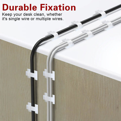 5/8 Inch Adhesive Cable Clips White Pack Of 60 securing black and gray cables to desk edge