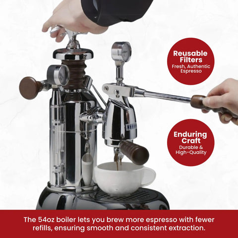 Esperto Abile 16 Cup Lever Espresso Machine With Chrome Finish And Rosewood Handles in use, showing espresso pour into cup