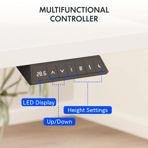 Adjustable Height Standing Desk With Raised Monitor Platform And Sleek Cable Tray For A Sick Home Office Setup showing multifunctional controller with LED display and height settings.