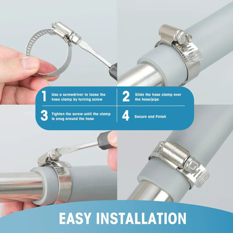 Installation process of All Purpose Hose Clamps Kit For Plumbing, Automotive And Mechanical Projects, Heavy Duty Adjustable Worm Gear Clamps In 0.25 To 2 Inches (6 To 51 Millimeters), 304 Stainless Steel Assorted Sizes For Tight Leak Free Fits on a pipe with screwdriver.