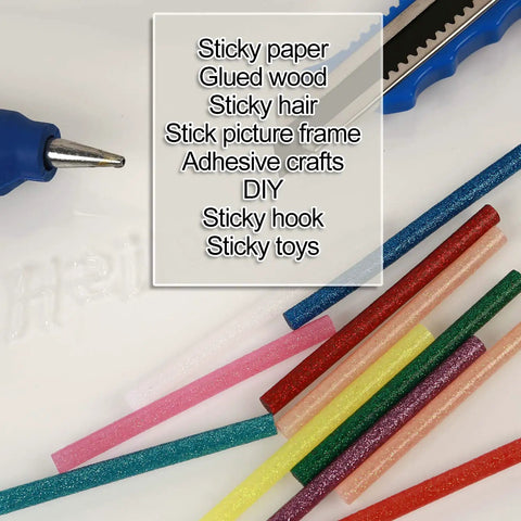 Colored Glitter Hot Melt Glue Sticks Set in 14 Colors, mini size, with crafting knife, for arts and crafts projects