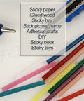 280 Piece Glitter Mini Hot Glue Sticks Set In 14 Colors displayed with utility knife and glue gun tip on white surface.