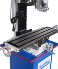 Rock Solid Benchtop Mini Mill Drill Machine Featuring A Peppy 1.5 HP Brushless Motor R8 Spindle And Smooth Variable Speed Settings For Precision Metalworking Projects Around The Garage Without Breakin A Sweat with a detailed view of its milling table and controls.