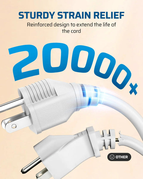 Close-up of two white extension cords with labeled 'sturdy strain relief', showing durability, part of the Two Pack Three Foot Extension Cord Set With 16 AWG SJTW Weatherproof Power Cable For Indoor Use Three Prong Grounded Outlets ETL Listed White All Copper Wire Fully Molded Durable Cables Built To Last package.