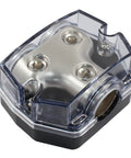 Two Way Power Ground Distribution Block for Car Audio, 0 Gauge Wiring, Heavy Duty Alloy Build With 1 Input and 2 Output Terminals, Simple Install, Reliable Ground and Power Split for Amp System, clear cover