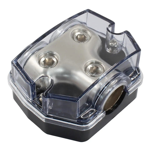 Two Way Power Ground Distribution Block for Car Audio, 0 Gauge Wiring, Heavy Duty Alloy Build With 1 Input and 2 Output Terminals, Simple Install, Reliable Ground and Power Split for Amp System, clear cover